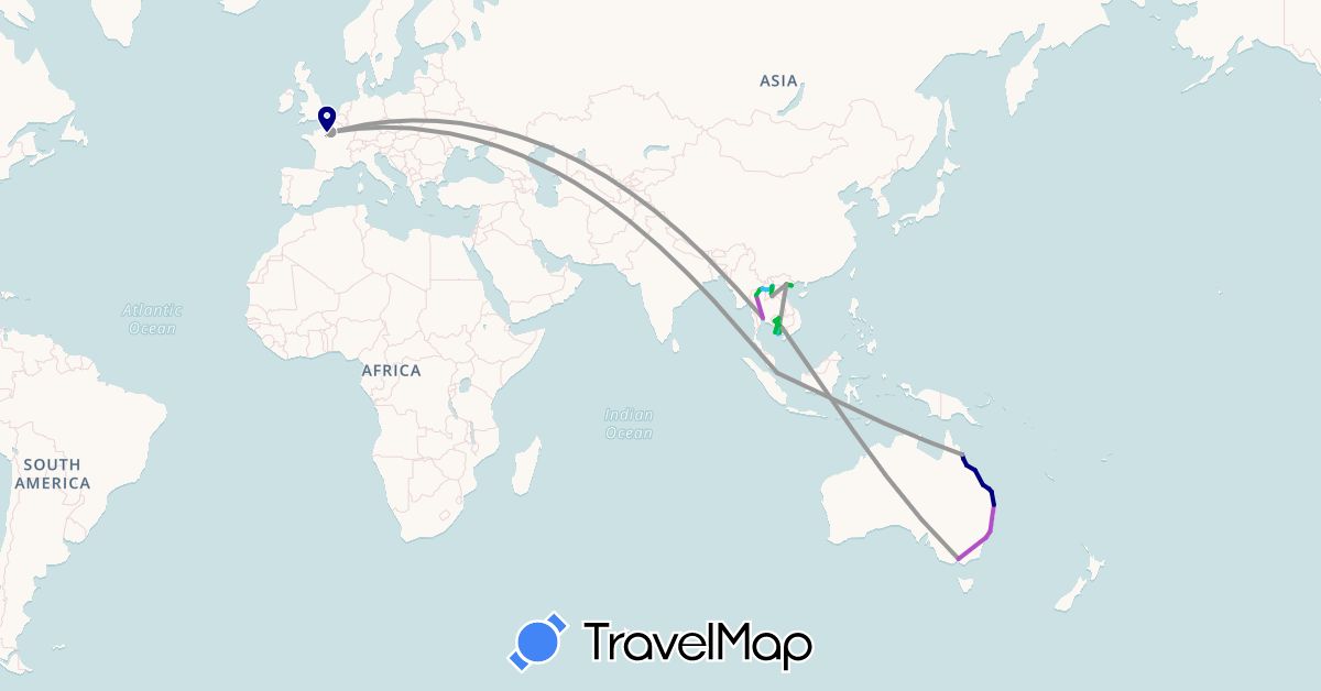 TravelMap itinerary: driving, bus, plane, train, boat in Australia, France, Cambodia, Laos, Singapore, Thailand, Vietnam (Asia, Europe, Oceania)
